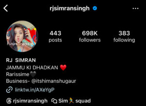 A vibrant image of influencer Simran Singh, known on Instagram as @rjsimransingh, showcasing her engaging personality. The picture captures her lively expression, reflecting the joy she often shared with her 680,000 followers. Her trendy outfit and bright setting evoke a sense of her dynamic online presence, resonating with her audience's youthful spirit.